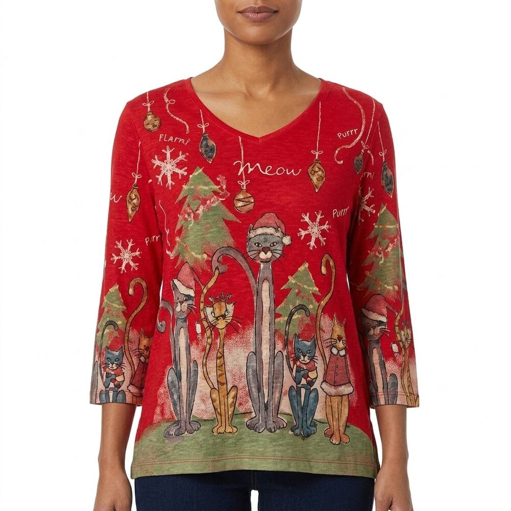 6ip9 Jess & Jane Graphic Christmas 3/4 Sleeve V-Neck Top Women See Measurements
